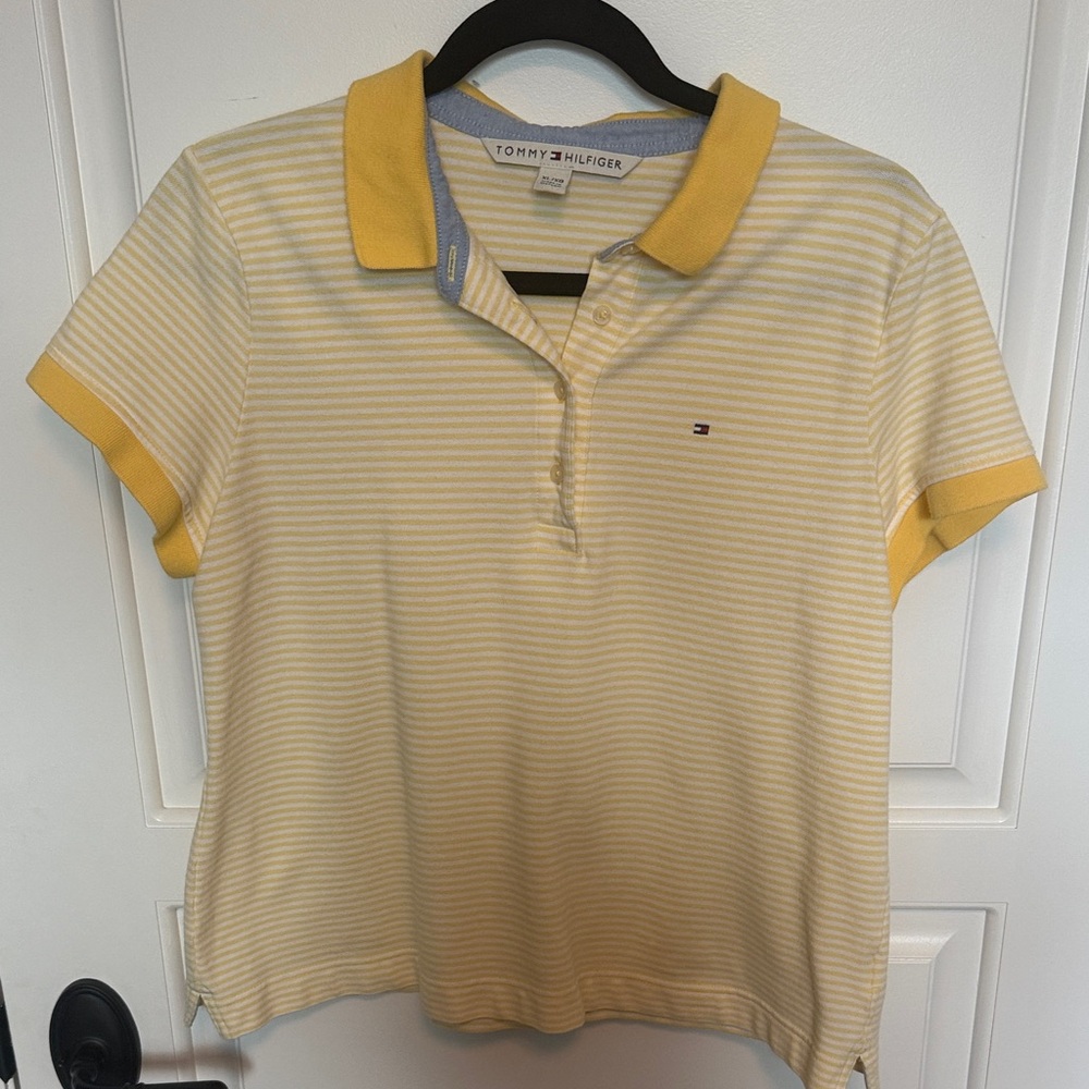 Tommy Hilfiger Yellow and White Striped Button Down Polo Shirt